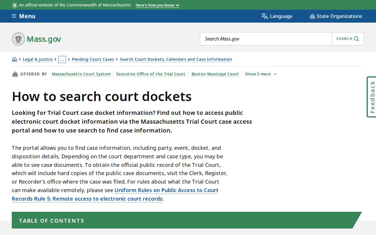 Reading residents directory MassCourts docket search instructions
