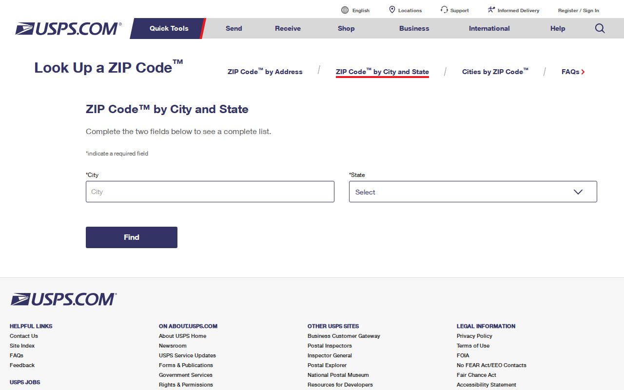 Reading ZIP code directory USPS address-lookup screen